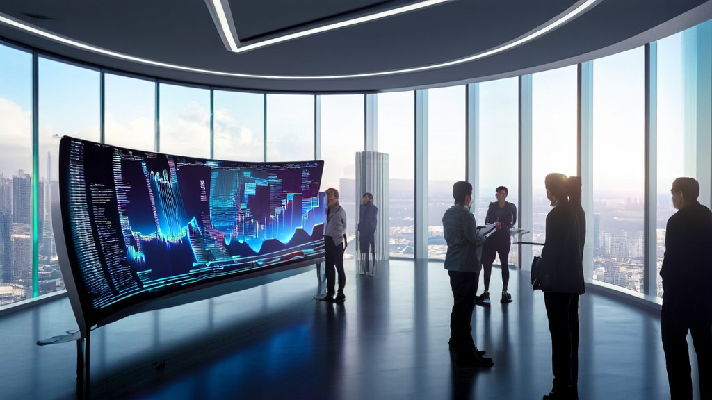 Employees in a futuristic tech office analyzing data using an AI customer prediction model