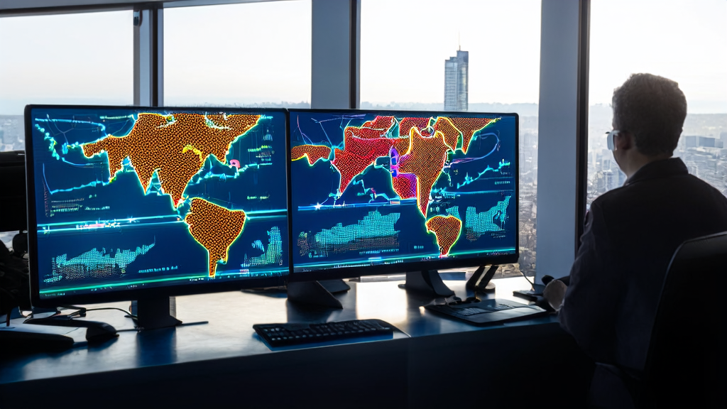 现代化办公室中，外贸业务员使用生成式AI创作多语言营销邮件，阳光透过落地窗洒进室内