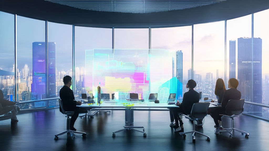 A modern office in a futuristic city where employees are discussing generative AI-driven personalized marketing strategies.