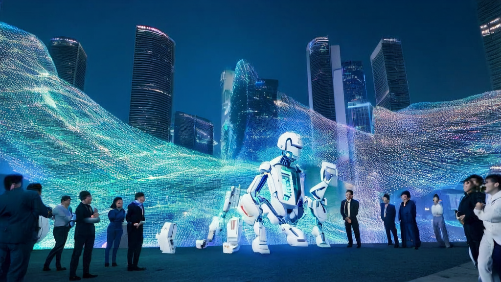 The world's first generative humanoid robot "Longyue" discussing AI customer acquisition strategies for the Southeast Asian market with tech experts in Shanghai's tech park
