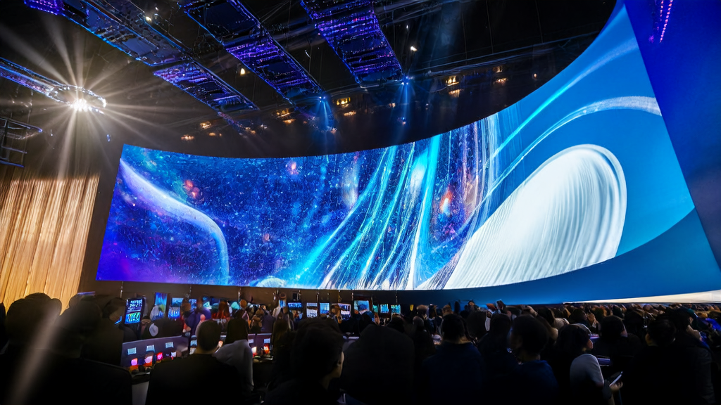Launch event of the world's first AI agent remix marketplace, showcasing a futuristic virtual world and developers exploring new creation modes.
