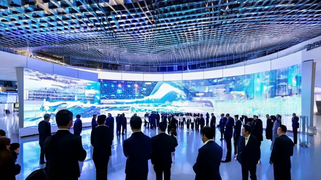 The world's first billion-level power industry model “Qingyuan“ showcased in a tech exhibition hall, attracting onlookers