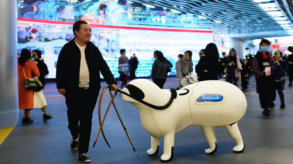 AI guide dog "Xiaosuan" assisting a visually impaired person in Shenzhen subway station, showcasing AI-powered customer acquisition ads for cross-border commerce businesses