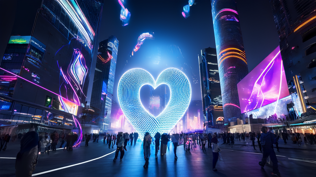 Global launch of Mureka V7.5 AI music single "Digital Heartbeat," with people listening to AI-generated music in a futuristic city night scene