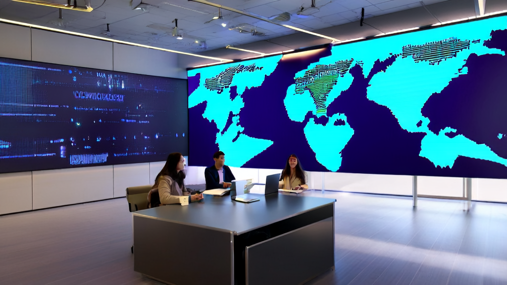 Modern office scene of a foreign trade company using xAI Grok4 for precise customer acquisition in the global market