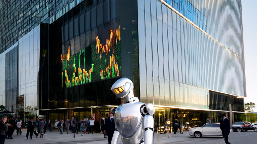 Goldman Sachs's AI assistant Devin stands in front of the financial building, interacting with an employee, with a bustling city street and stock market ticker in the background.