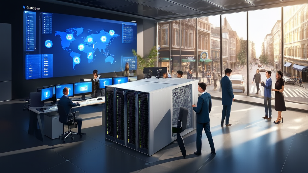 Google's AI strategy leading a new revolution in marketing, showcasing engineers at work in a modern office building with real-time data displays and augmented reality city maps.