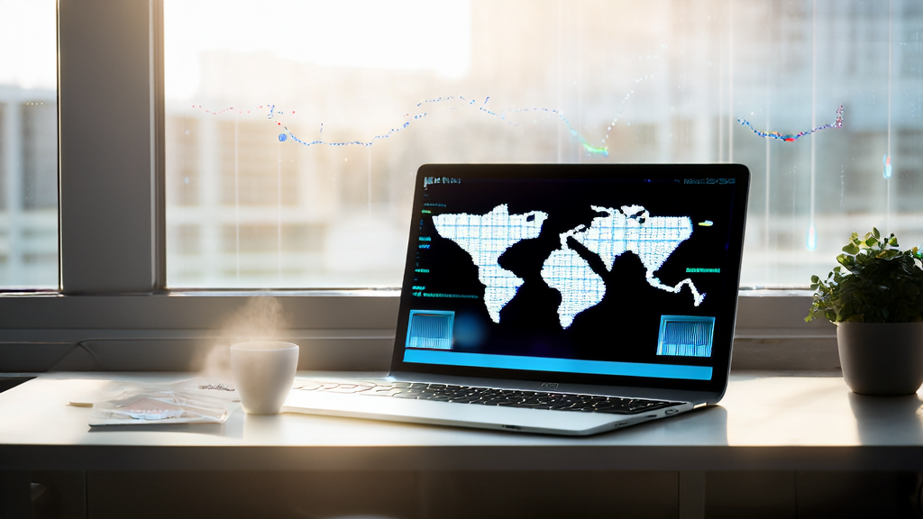 阳光照耀下的现代办公室，桌上显示Google Labs AI助手CC界面，配有咖啡和日历，墙上挂着全球地图和日程表。