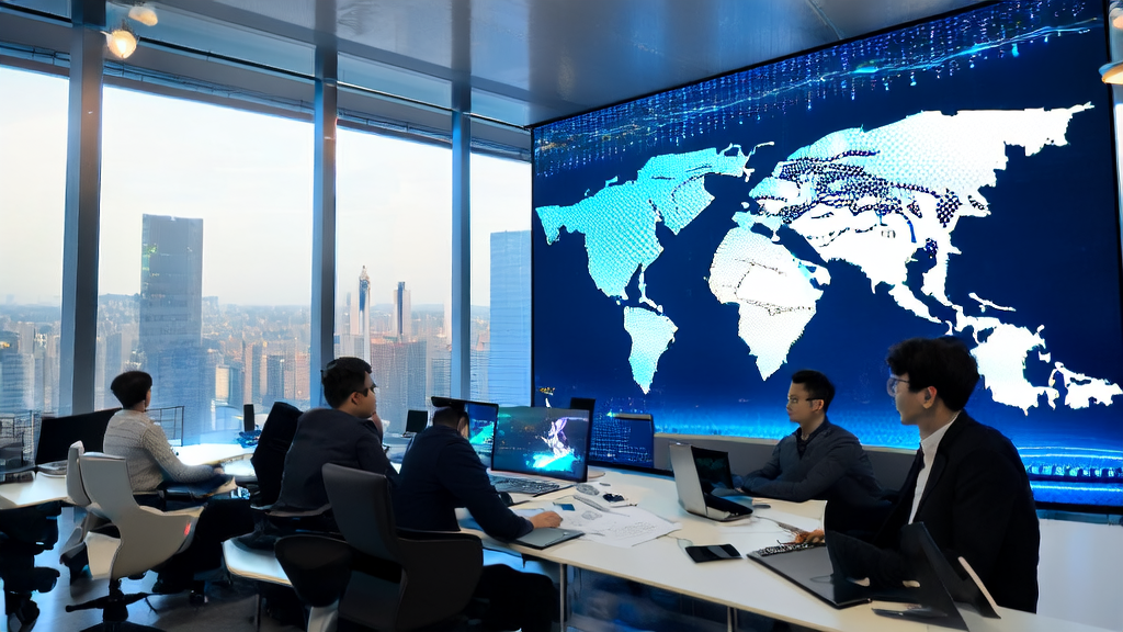 Illustrates the application of GPT-5 technology in AI acquisition, set against a modern tech company office where programmers are discussing new marketing strategies