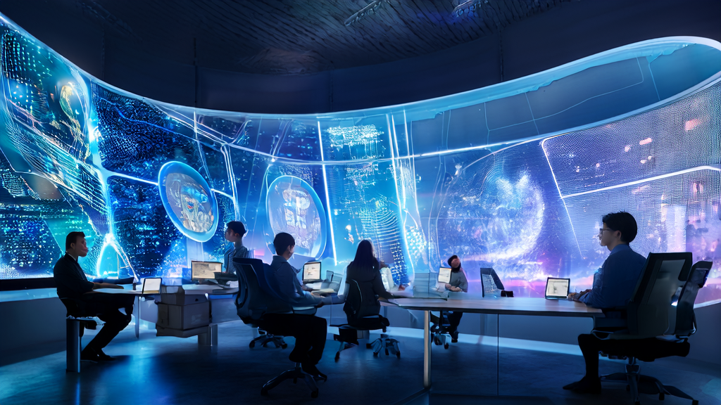 Designers in a futuristic office using GPT-5 to create user profiles and personalized email templates