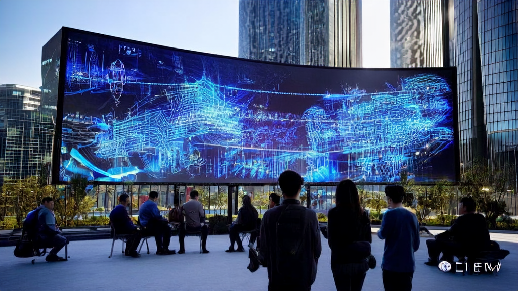 A group of young people discussing the upcoming GPT-5 launch in front of a modern office building, showcasing multi-modal AI applications.