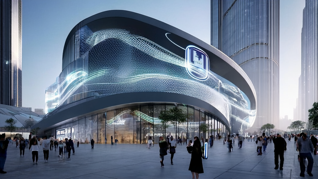 展示GPT-6时代的AI营销变革，高科技建筑与智能设备环绕的城市中心