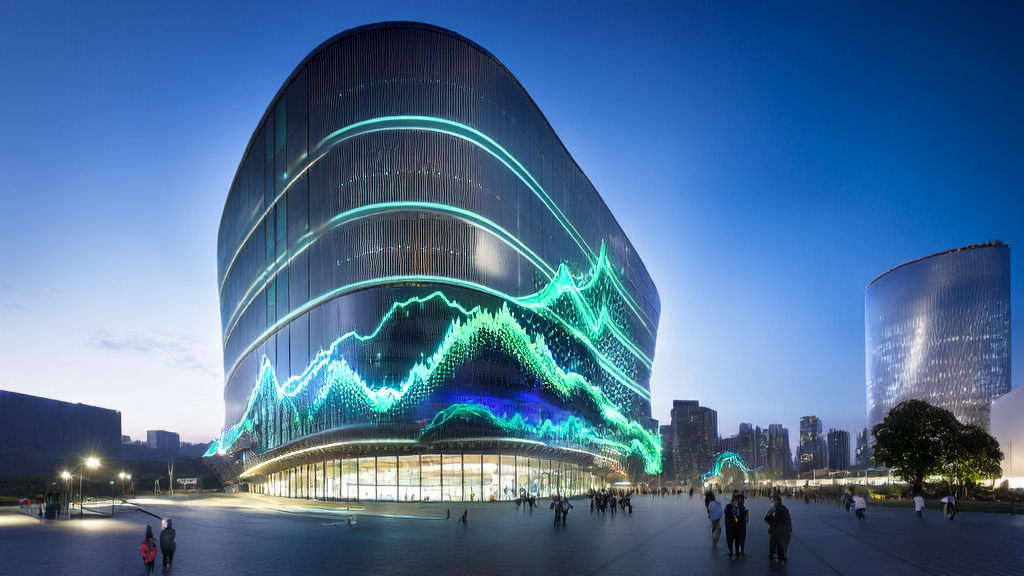 高科技大厦外墙上的LED广告屏和内部工作的数据科学家