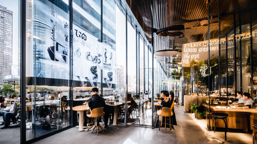 A high-tech coffee shop in a bustling city using Gaode AI-native map application and multimodal models for precise marketing