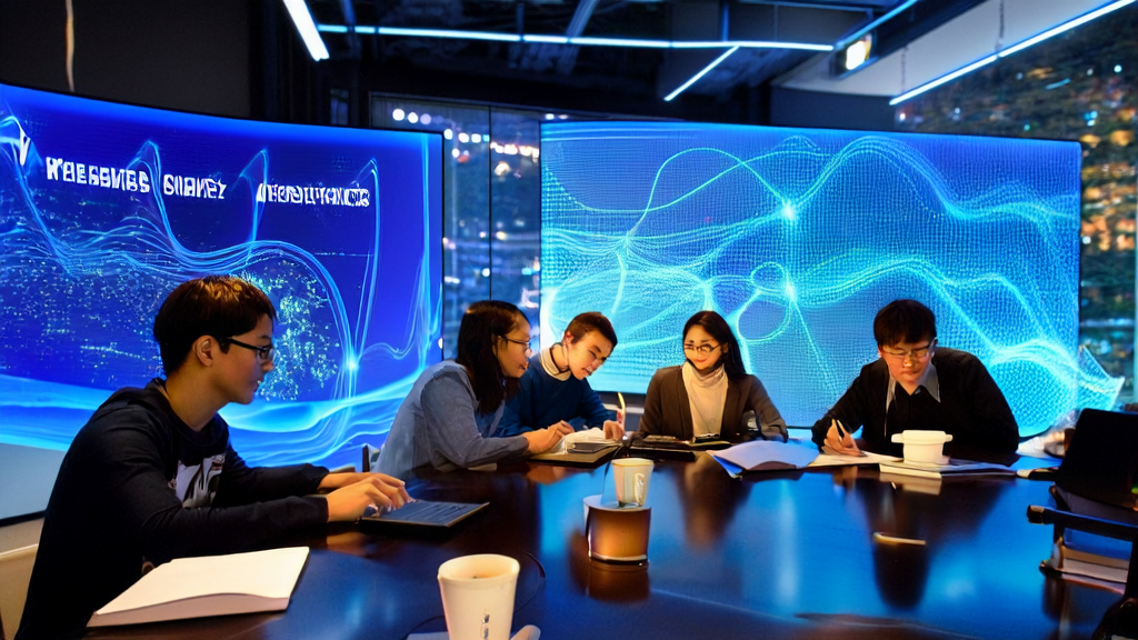 In a high-tech office, engineers are optimizing email marketing strategies using an AI customer prediction model, with a poster showcasing Ant Light's slogan.