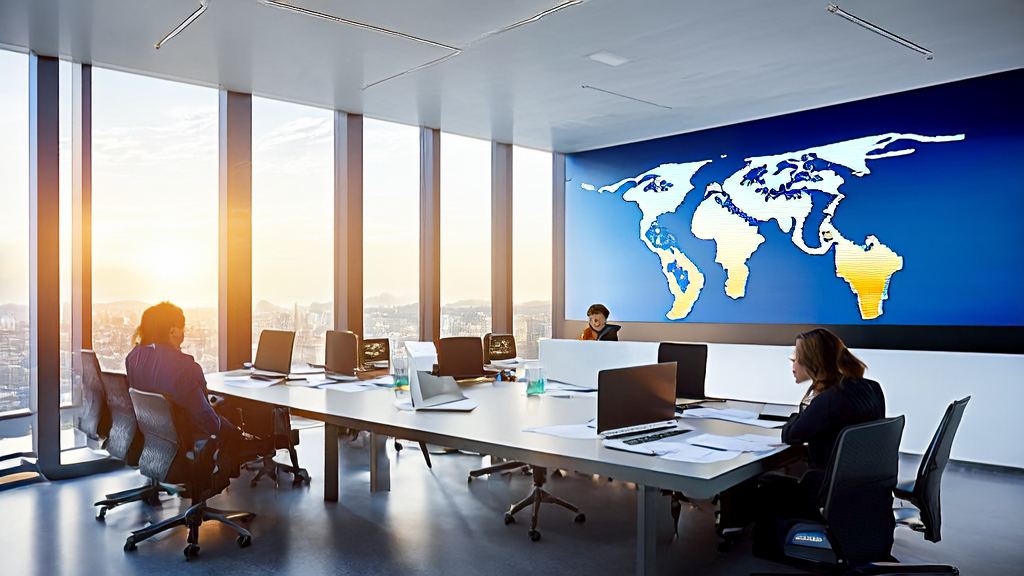 In a modern office bathed in sunlight, employees are enthusiastically discussing AI email marketing strategies, with a world map and whiteboard on the wall, and a high-performance server humming in the corner.