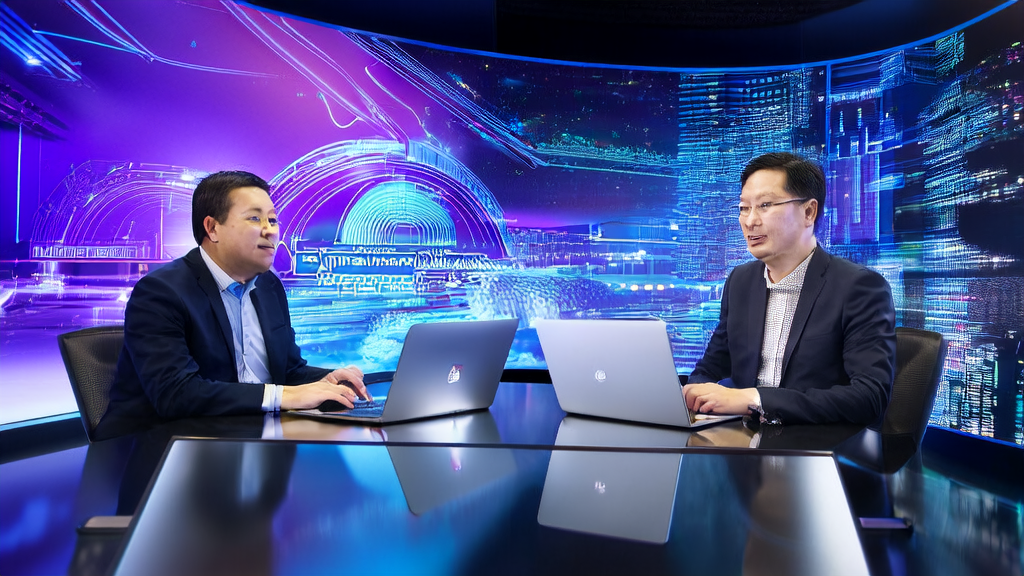 黄仁勋与闫俊杰在充满科技感的会议室中探讨基于AI的高效邮件营销策略