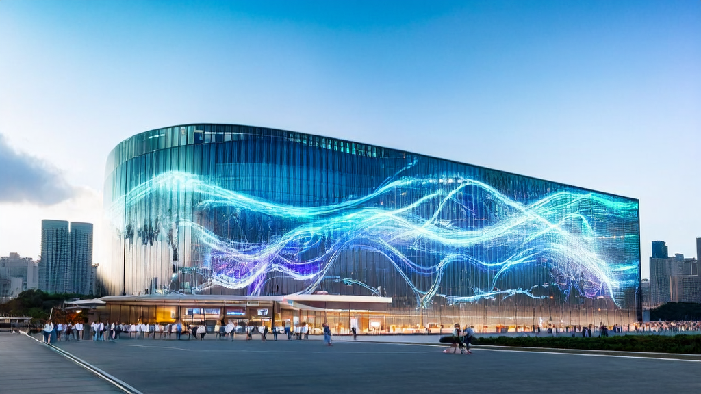 Engineers at Huawei's R&D center discussing new AI customer acquisition technologies, with a backdrop of a high-tech building and virtual screens.