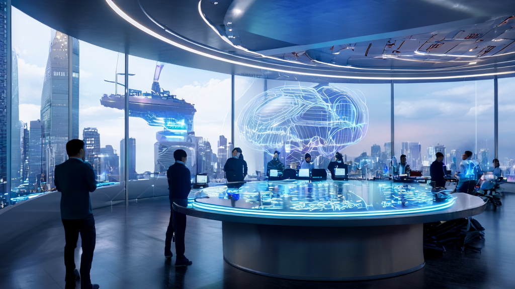 华为AI人才招募：工程师们在高科技办公室中讨论AI客户预测模型的应用