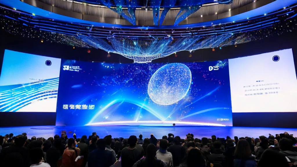 华为鸿蒙6发布会现场，展示智能广告投放系统的科技舞台