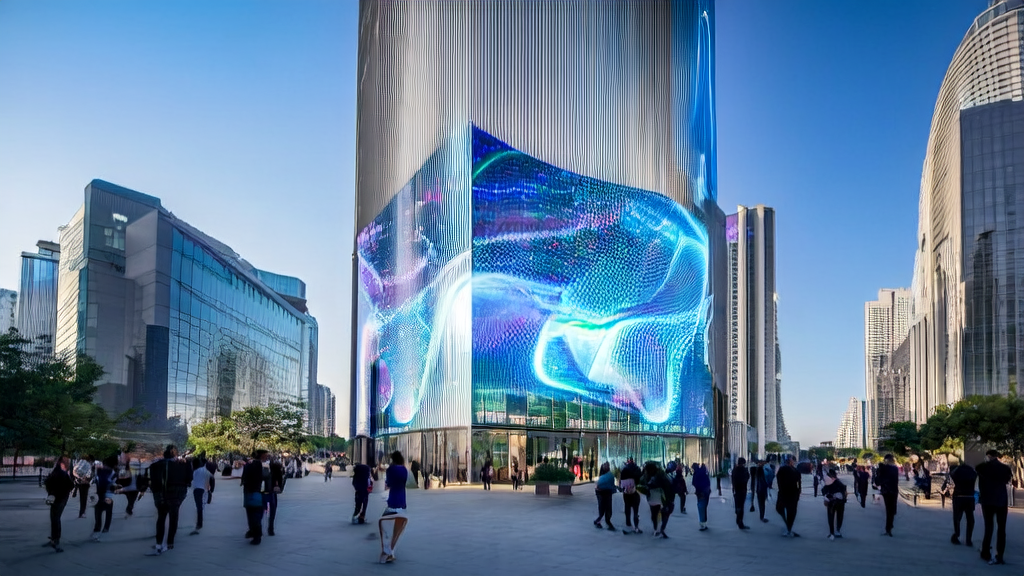 华为鸿蒙6发布的城市街景，展示智能设备与虚拟助手互动，实现精准广告投放。