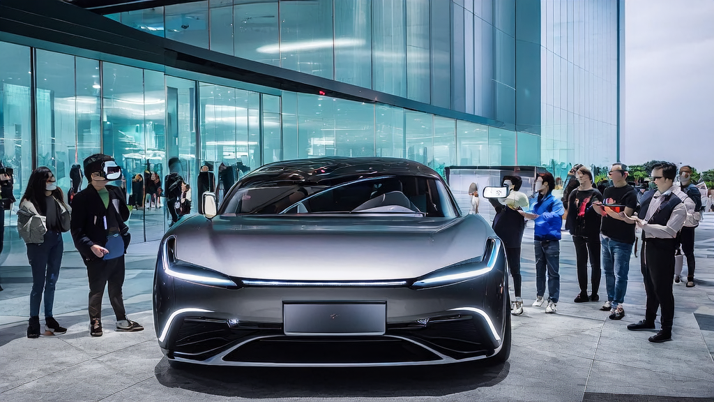 Crowd experiencing the Ideal i8 smart car's autonomous driving features through VR glasses at the launch event
