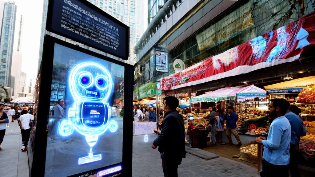 Customer interacting with AI chatbot for shopping on a busy street in India, with smart screen displaying products and offering personalized recommendations