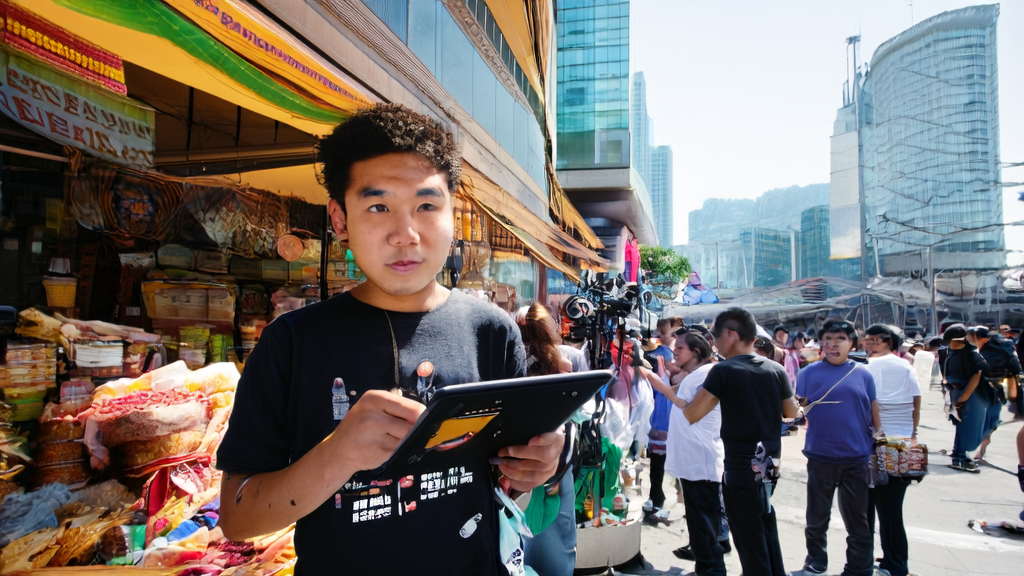 A young entrepreneur demonstrates AI customer acquisition strategies in Southeast Asia, while a video team uses ThinkSound for content creation, drawing a crowd.