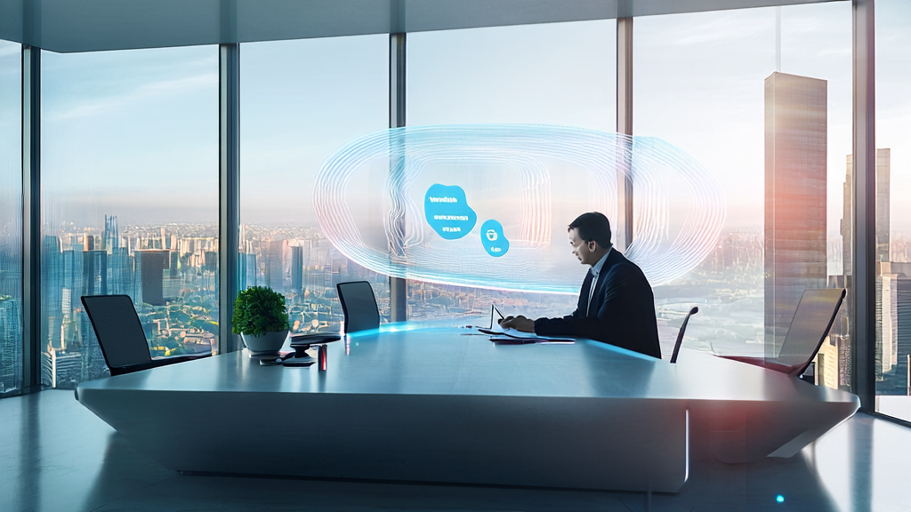 In a futuristic office, an export trader uses an AI email polishing tool to write professional emails, with the background showcasing the advanced nano-banana image editing model.