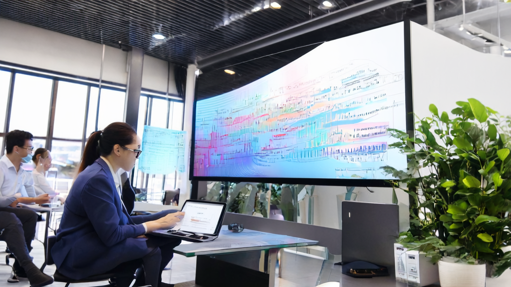 In a modern office, team members gather around a large screen to discuss Feishu's newly released AI tools, focusing on intelligent email marketing strategies