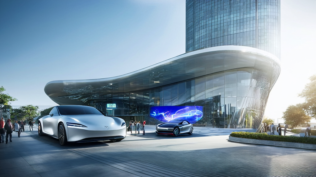 理想i8发布会现场外景，展示智能司机大模型技术；大楼内团队利用AI优化邮件营销模板