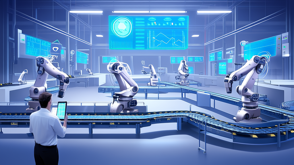 In an intelligent factory, humanoid robots are working efficiently while an engineer monitors the production line via a tablet. Large screens on the walls display smart management data and AI customer acquisition advancements.