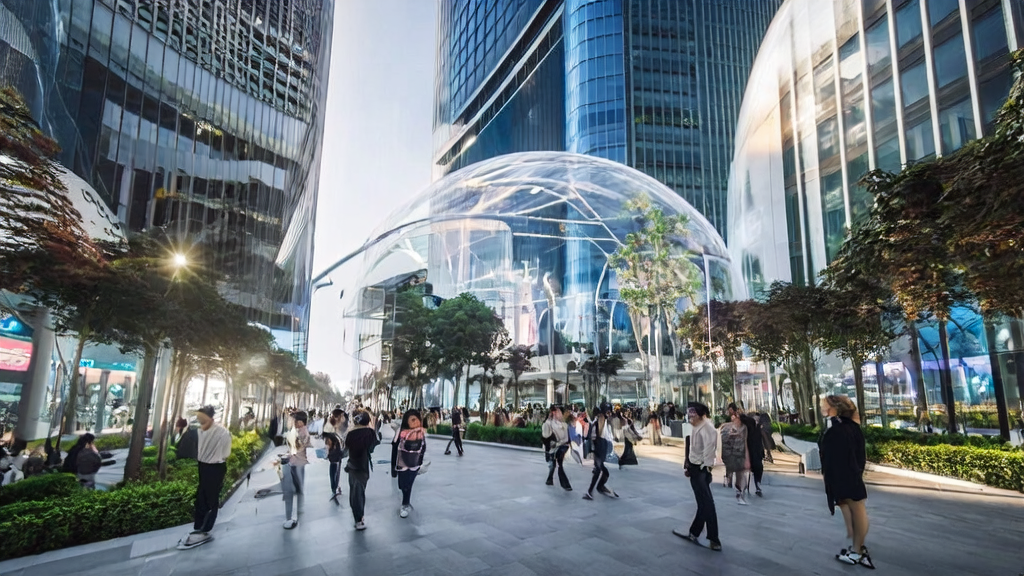 Intelligent technology advances AI customer data collection: People using Meta smartwatches and Tianyi AI glasses in a futuristic cityscape