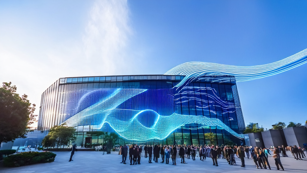 Modern headquarters of Kuaishou showcasing the latest achievements of Kelin AI Division, surrounded by flowing lines representing big data and AI vision.