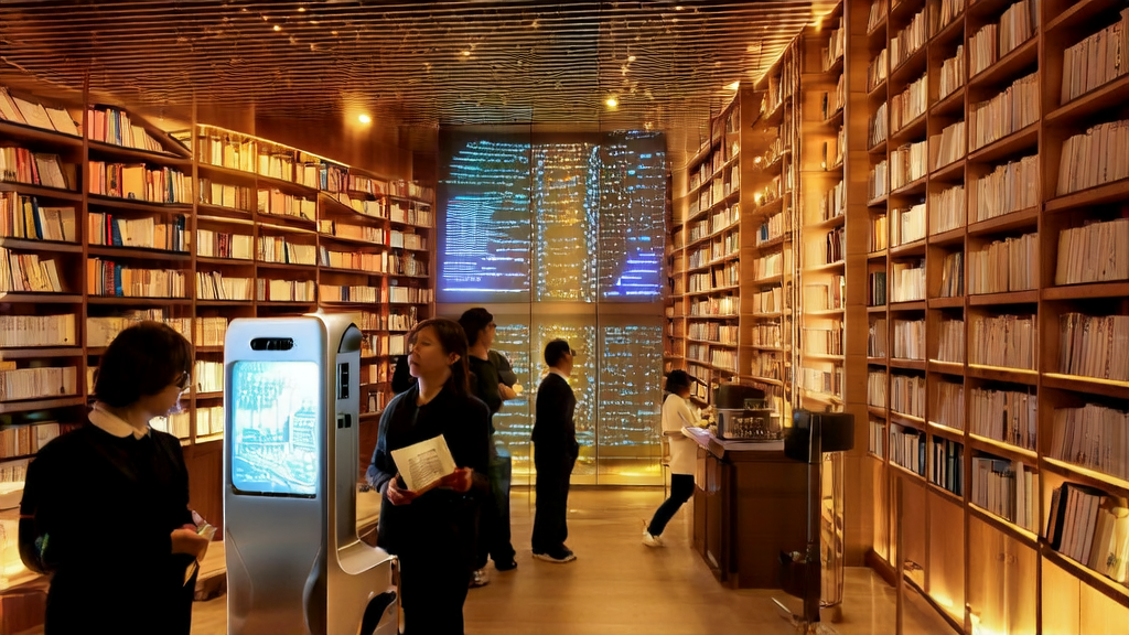 图书馆内的AI自助借阅机引发争议，背景墙展示AI技术在B2B市场的应用前景