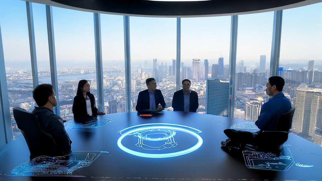 A lightweight MoE inference model, Ring-lite, revolutionizing AI-driven customer acquisition, showcased in a high-tech office meeting room.