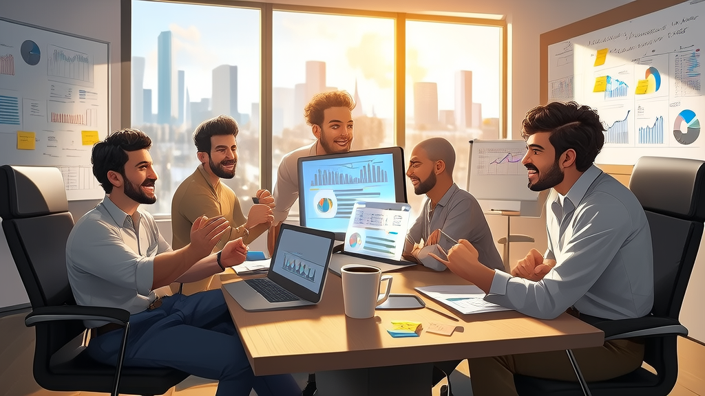 On a sunny morning, entrepreneurs are using a Mac to deploy the Qwen3 model for analyzing potential customer data from Quora, with strategy charts on the whiteboard and a city view outside the window.