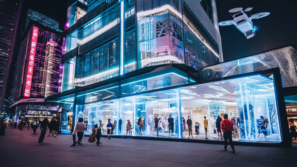 Scene of Malaysian AI Chip Store Innovation: Customers experiencing personalized marketing services powered by edge AI processors