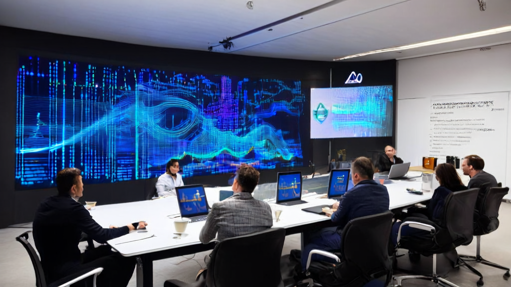 Engineers discussing AI advertising optimization strategies in a tech company meeting room