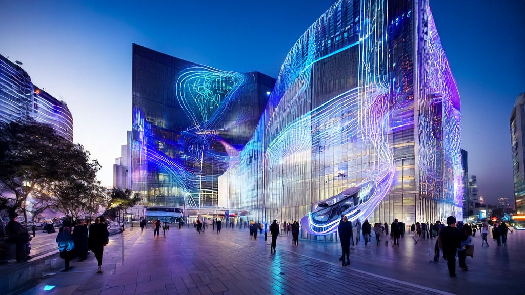 现代城市中的Meta AI解决方案大楼，展示了AI智能获客系统和高性能AI芯片技术的应用。