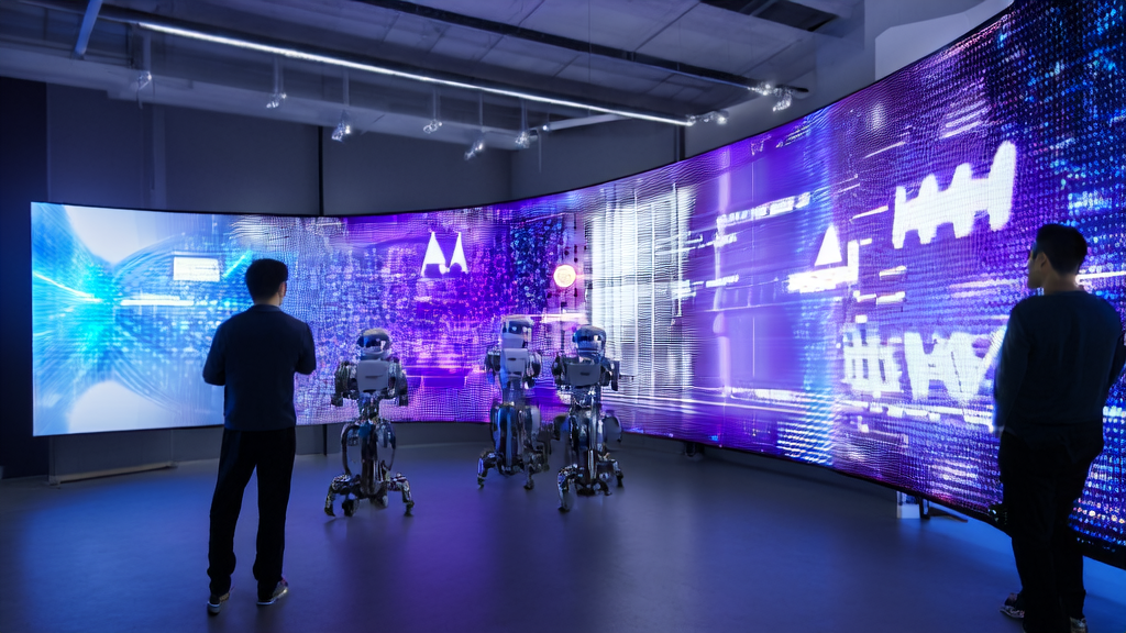 Modern office showcasing AI algorithms and data streams, with Meta and OpenAI logos symbolizing fierce competition