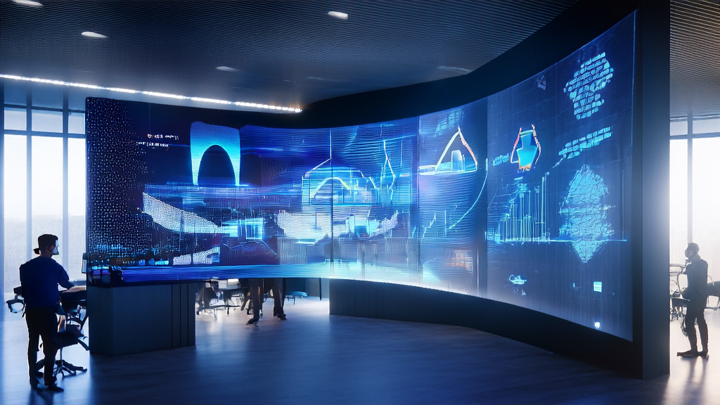 A futuristic office showcasing Meta and Midjourney's AI acquisition technology collaboration