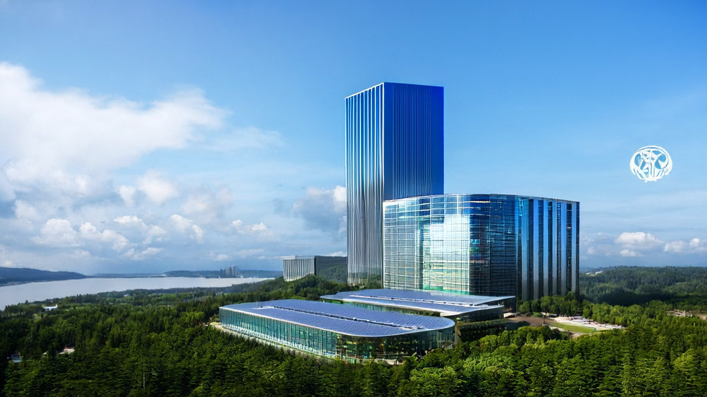 微软挪威AI计算中心，现代化数据中心位于绿色森林和河流之间，展示其强大的AI计算能力和环保理念。