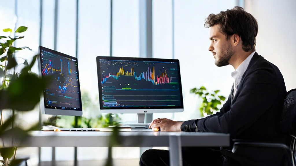 In a modern office bathed in sunlight, an entrepreneur is using Microsoft AI tools to optimize eCommerce customer acquisition strategies.