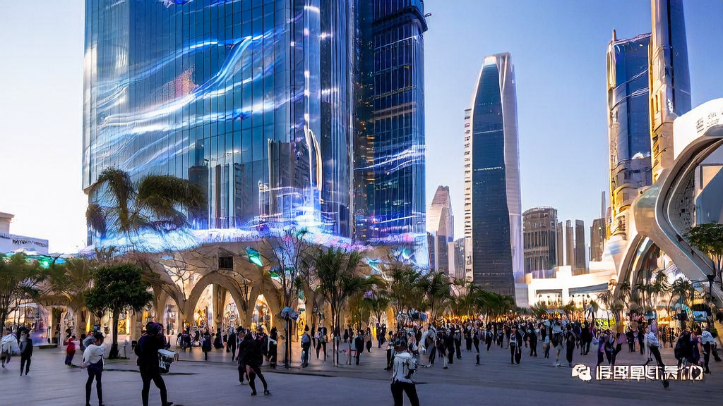 中东城市中展示宇树科技“Embodied Avatar”机器人的现代化办公楼和智能设备