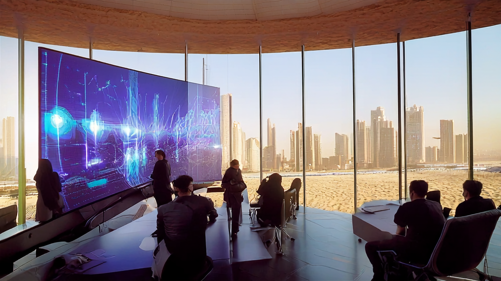 中东地区的AI获客创新实践：团队成员讨论最新策略，背景是现代化的城市和沙漠风光