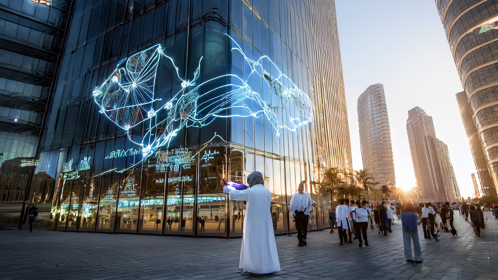 中东企业家利用AI技术实现高效获客,手持平板电脑分析客户数据