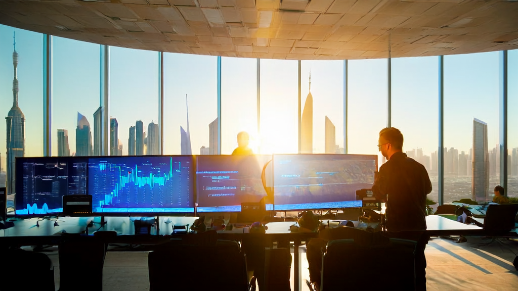 中东地区的现代办公室内，员工们正在利用AI技术进行精准获客和数据分析，背景为迪拜的天际线。