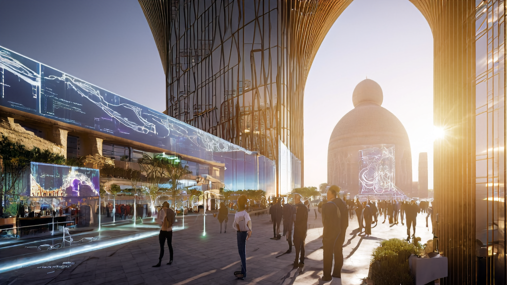 Scene depicting the application of AI customer acquisition technology in the Middle East in 2025, showcasing a blend of modern office environments and traditional markets