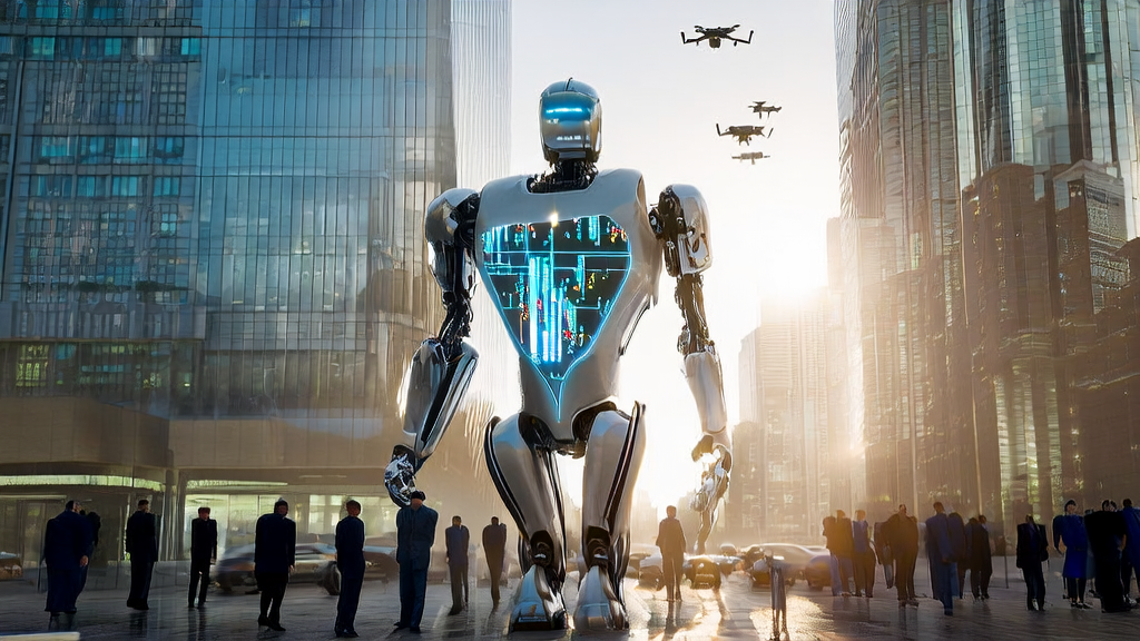 A scene of businesses in the Middle East using AI technology for efficient customer acquisition, showing merchants interacting with an AI smart robot in front of a modern office building.